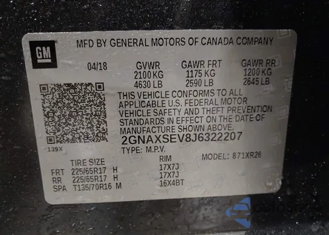2018 Chevrolet Equinox Lt from USA, damaged, VIN 2GNAXSEV8J6322207